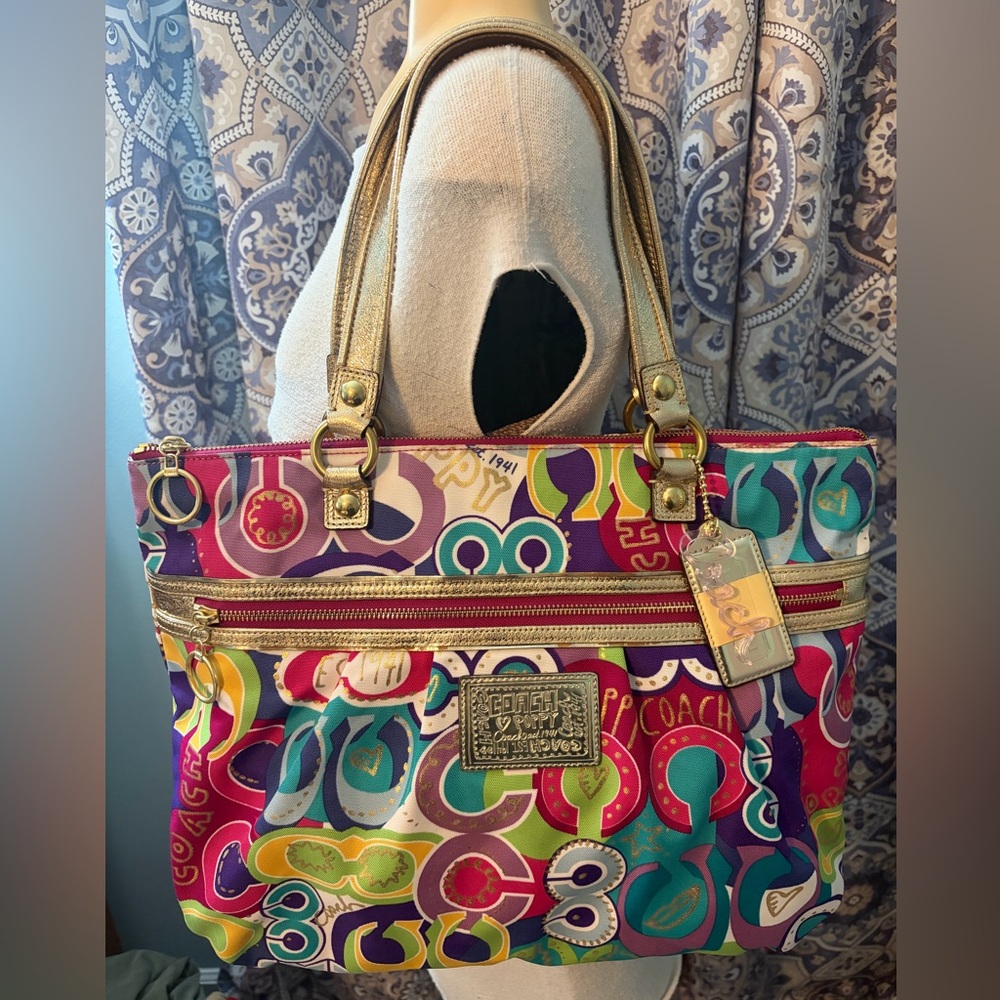 Colorful Large Graffiti C Coach Poppy Tote w/ Charm 15293